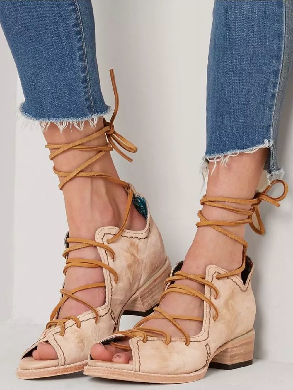 Women's Lace-Up Peep Toe Heels in Light Beige - Fashion Ankle Wrap